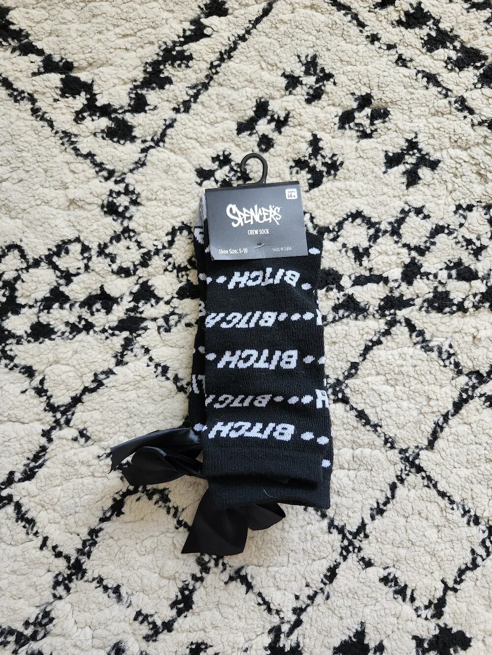 Spencer's Black Crew Socks with White Text Accent B!tch